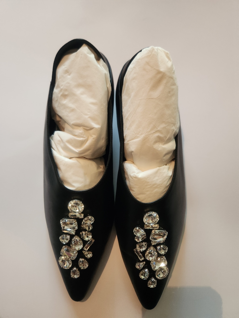 Vero Cuoio Black Pointed-Toe Flats with Crystal Embellishment